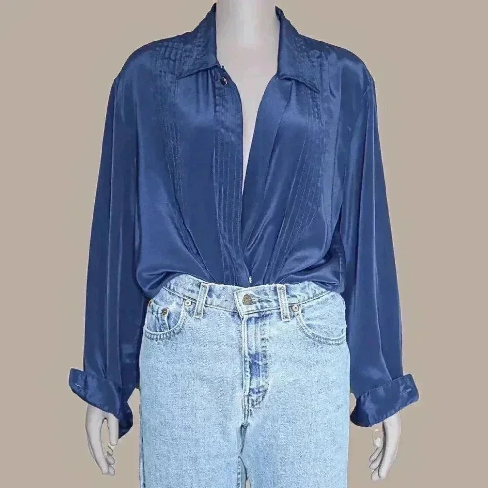Vintage 80s‎ pleated office collared button down long sleeve shirt size 14/Large
